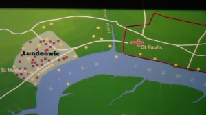 Map of Saxon London (Lundenwic) and Roman walled city (Red outline)