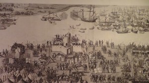 Picture showing an attempted French invasion in 1545. Southsea castle can be seen in the foregound