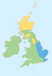 Resident (Green); Summer only (yellow). Winter only (Blue)