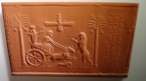 Roayl seal of darius the Great 522-486 BCE showing the King in his chariot facing a lion
