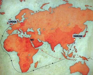 The two routes from Shanghai to London once the Suez canal opened in 1869