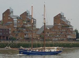 The Gallant passes Greenwich waterfront passing down-river
