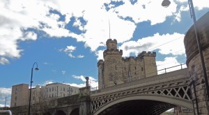 The  castle keep surrounded by roads and rail