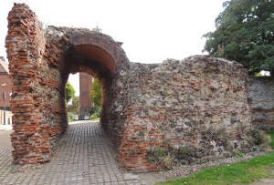 Balkerne Gate, Colchester. Built as one of the entrances through the city wall. It originally had 4 arches, two for pedestrians and two for traffic. This made it the largest entrance arch found in the UK. Today only one pedestrian arch survives as part of a stretch of the Roman city wall.