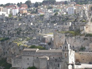 The Sassi at the bottom and the modern town at the top of the ravine